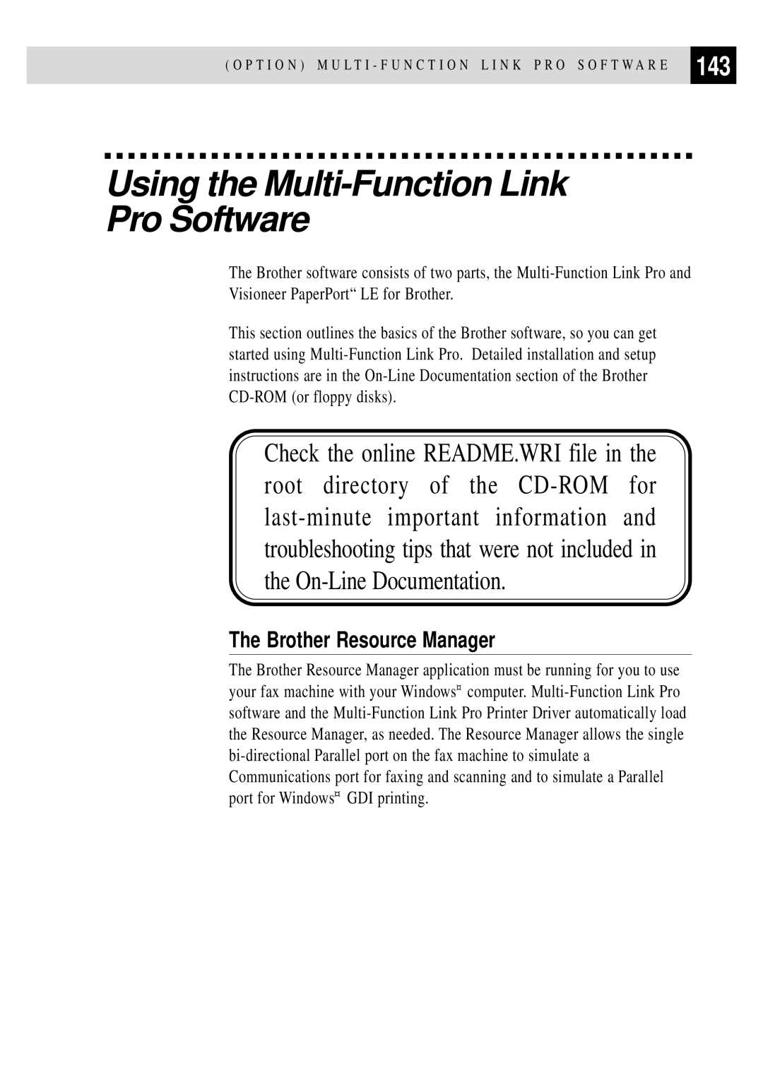 Brother FAX 3750, FAX 2750 manual Using the Multi-Function Link Pro Software, 143, Brother Resource Manager 