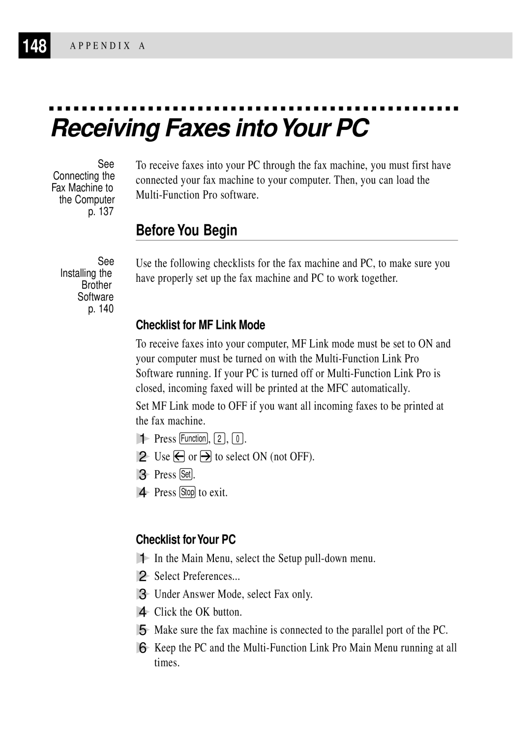 Brother FAX 2750 manual Receiving Faxes intoYour PC, Before You Begin, Checklist for MF Link Mode, Checklist for Your PC 