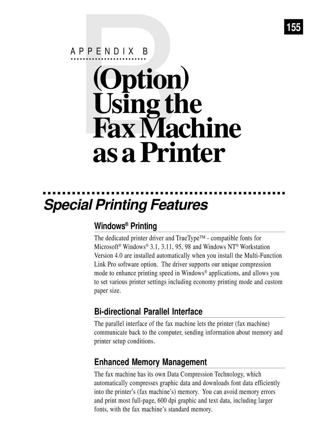 Brother FAX 3750, FAX 2750 manual Special Printing Features, 155, Windows Printing, Bi-directional Parallel Interface 