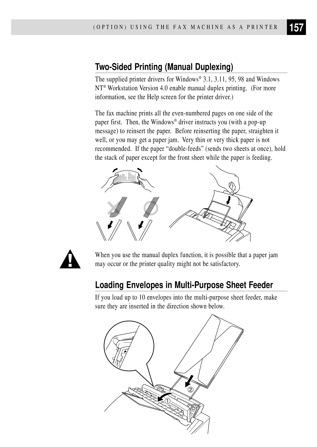 Brother FAX 3750, FAX 2750 manual 157, Two-Sided Printing Manual Duplexing, Loading Envelopes in Multi-Purpose Sheet Feeder 