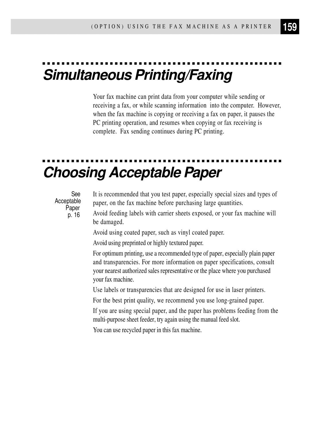 Brother FAX 3750, FAX 2750 manual Simultaneous Printing/Faxing, Choosing Acceptable Paper, 159 