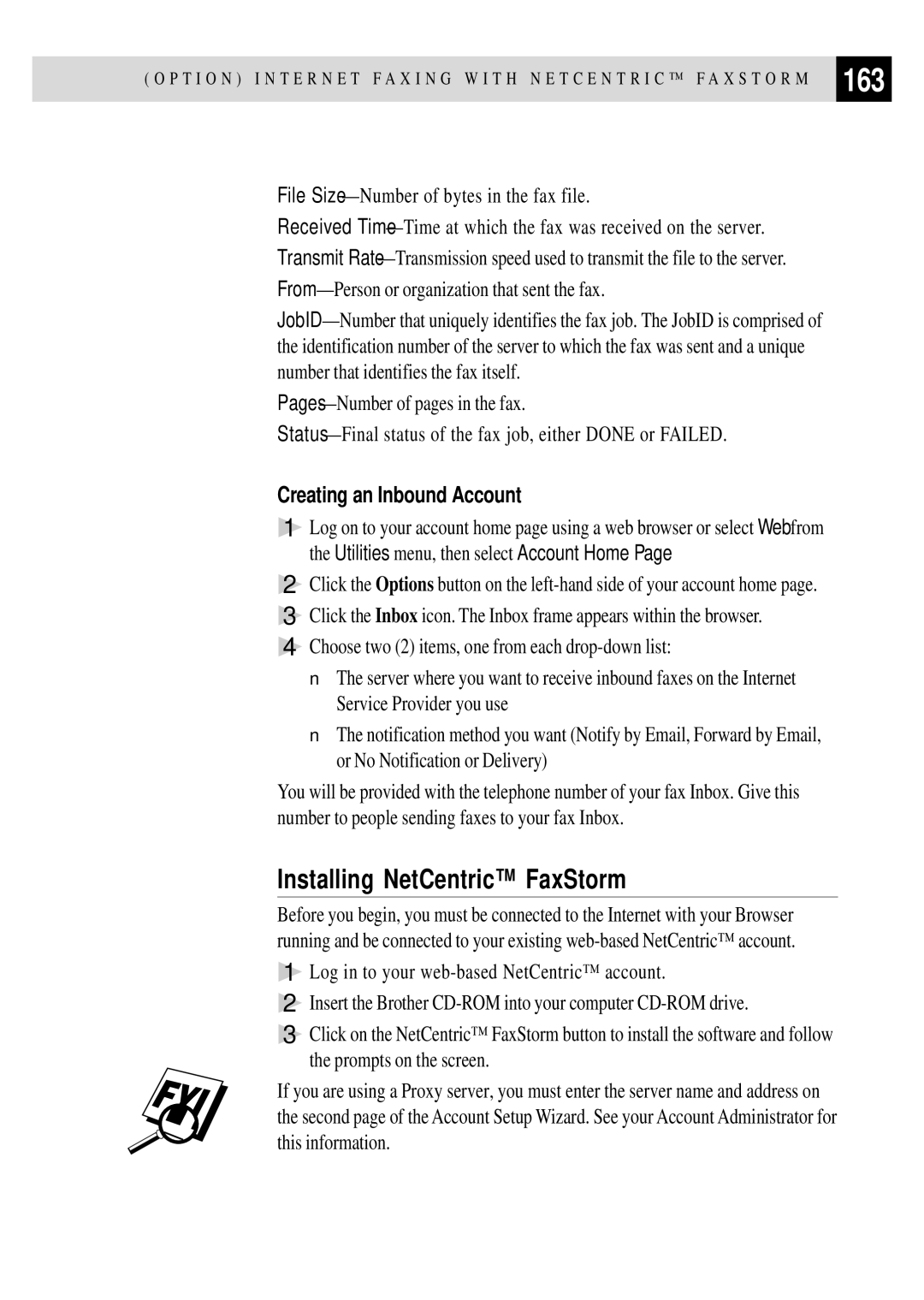 Brother FAX 3750, FAX 2750 manual 163, Installing NetCentric FaxStorm, Creating an Inbound Account 