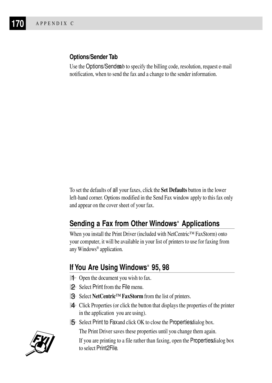 Brother FAX 2750, FAX 3750 Sending a Fax from Other Windows Applications, If You Are Using Windows 95, Options/Sender Tab 