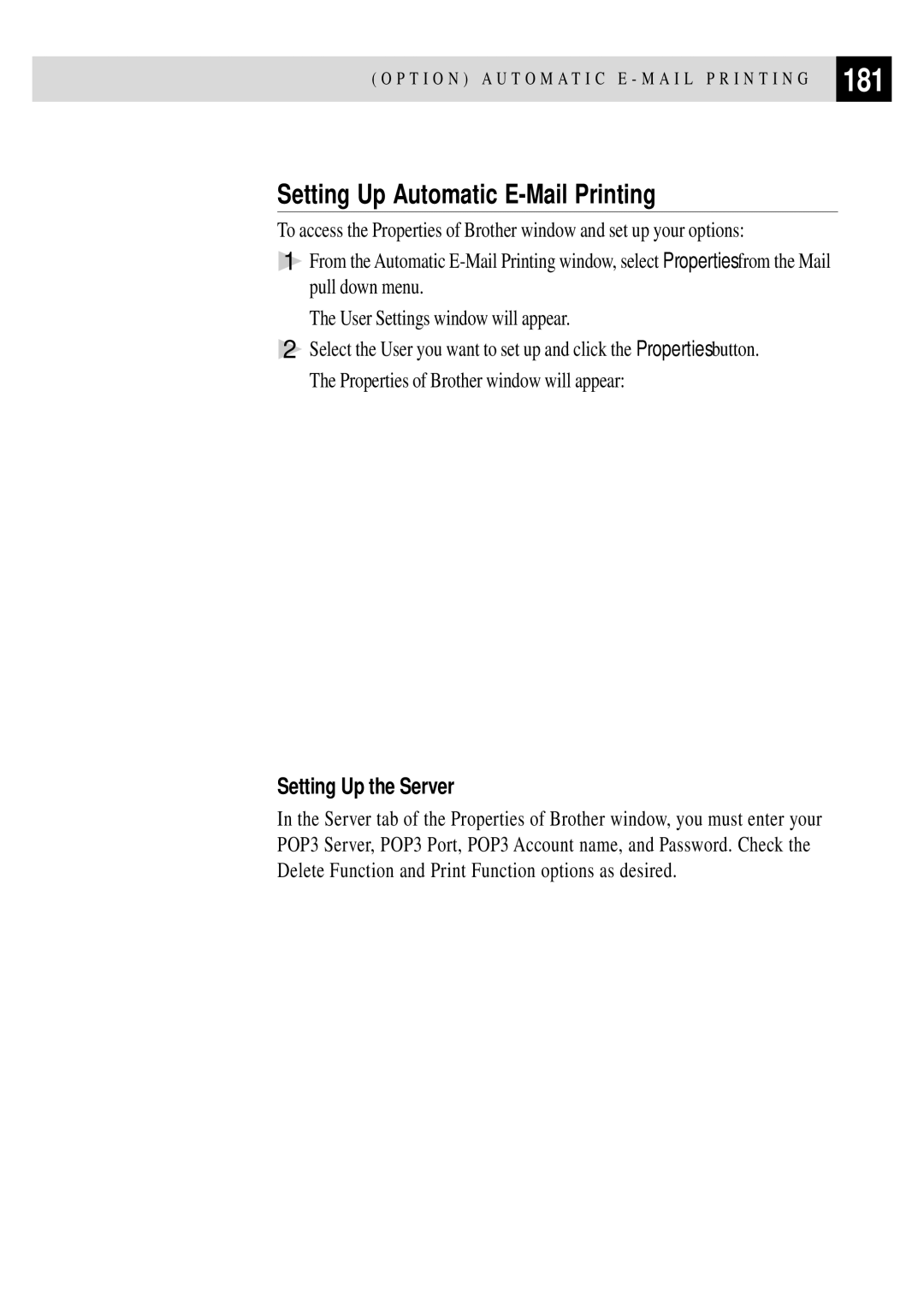 Brother FAX 3750, FAX 2750 manual 181, Setting Up Automatic E-Mail Printing, Setting Up the Server 