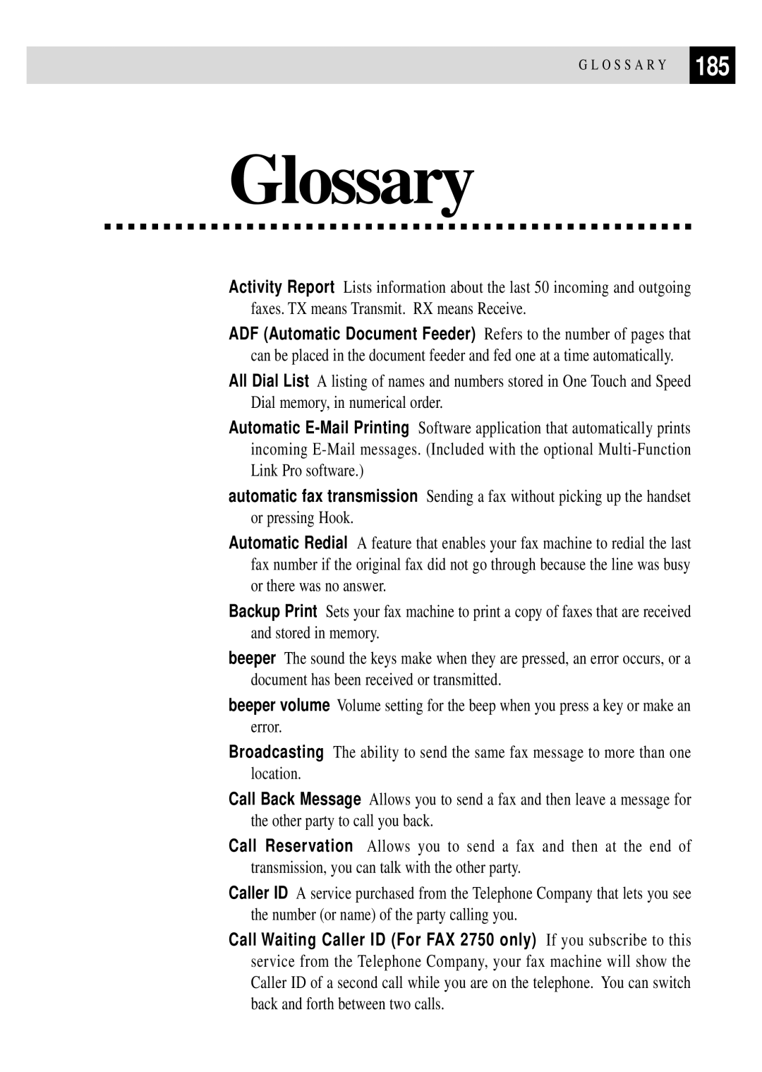 Brother FAX 3750, FAX 2750 manual Glossary, 185 