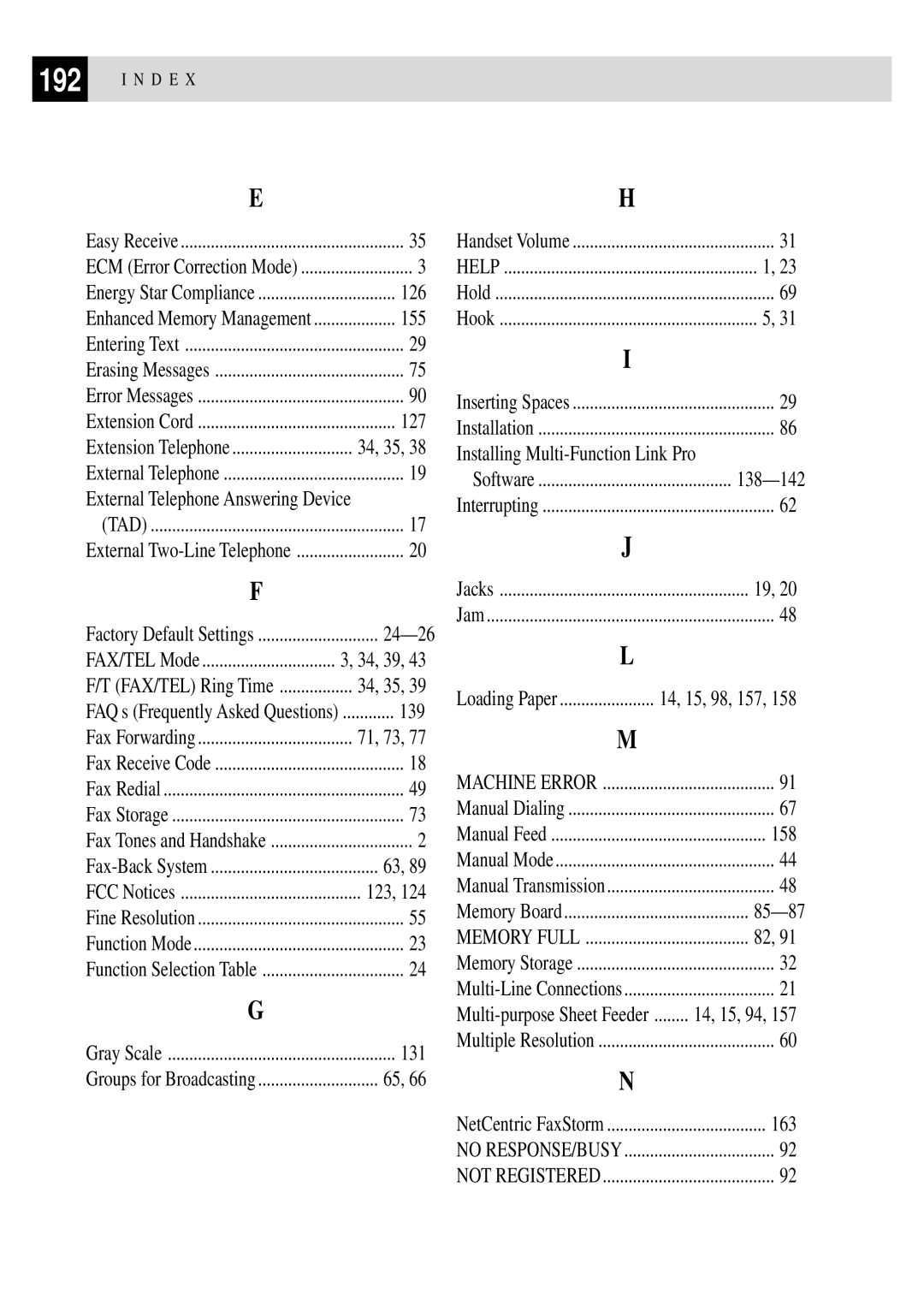 Brother FAX 2750 manual 126, 127, 34, 35, External Telephone Answering Device, 24-26, 71, 73, 123, 131, 138-142, 158, 85-87 