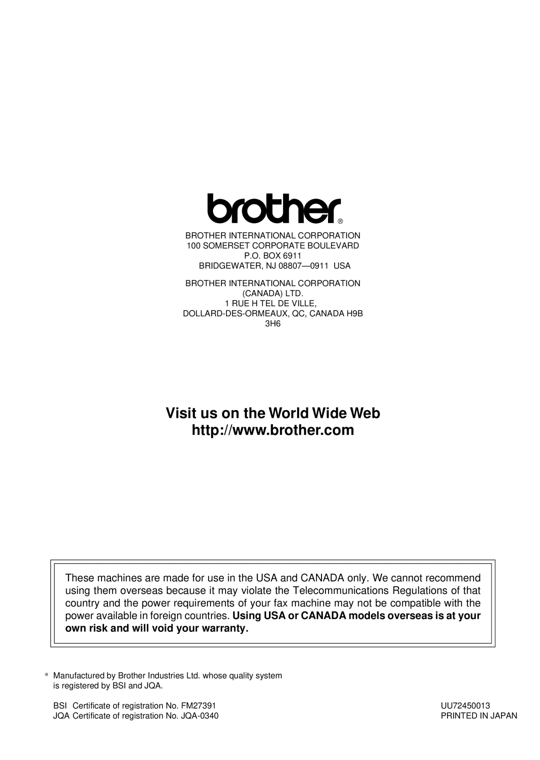 Brother FAX 3750, FAX 2750 manual Visit us on the World Wide Web 