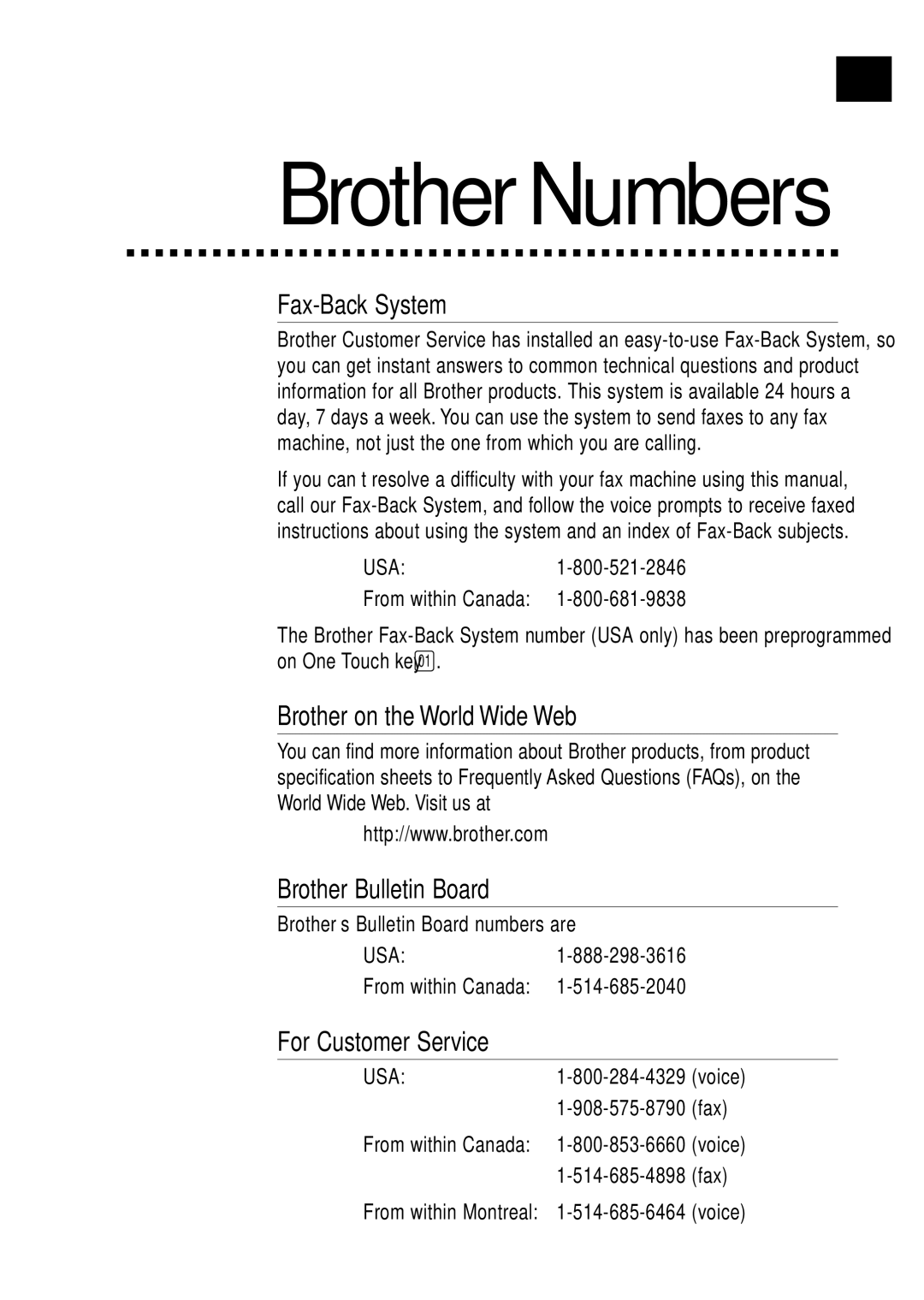 Brother FAX 3750, FAX 2750 Fax-Back System, Brother on the World Wide Web, Brother Bulletin Board, For Customer Service 