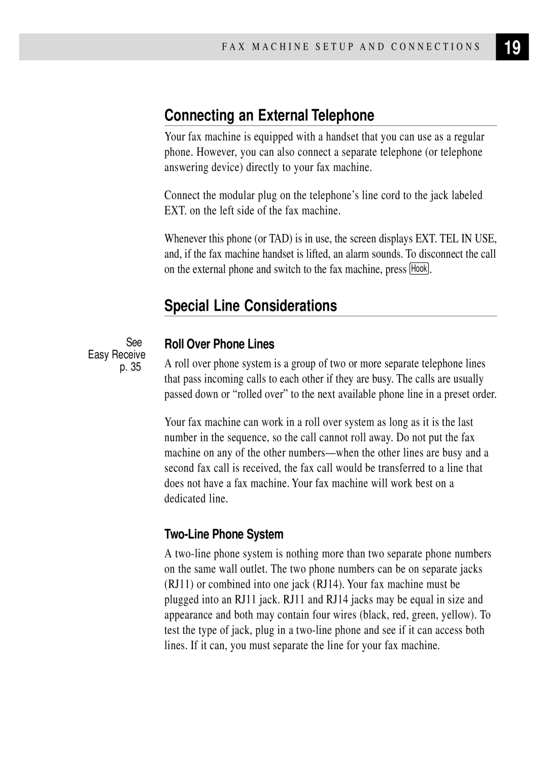 Brother FAX 3750, FAX 2750 manual Connecting an External Telephone, Special Line Considerations, Roll Over Phone Lines 