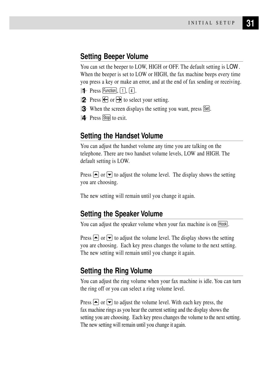 Brother FAX 3750 Setting Beeper Volume, Setting the Handset Volume, Setting the Speaker Volume, Setting the Ring Volume 