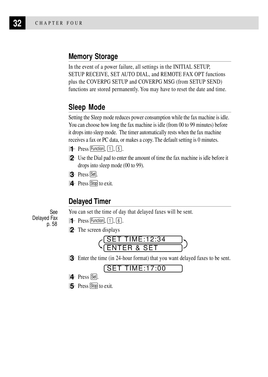 Brother FAX 2750, FAX 3750 manual Memory Storage, Sleep Mode, Delayed Timer, Enter & SET 