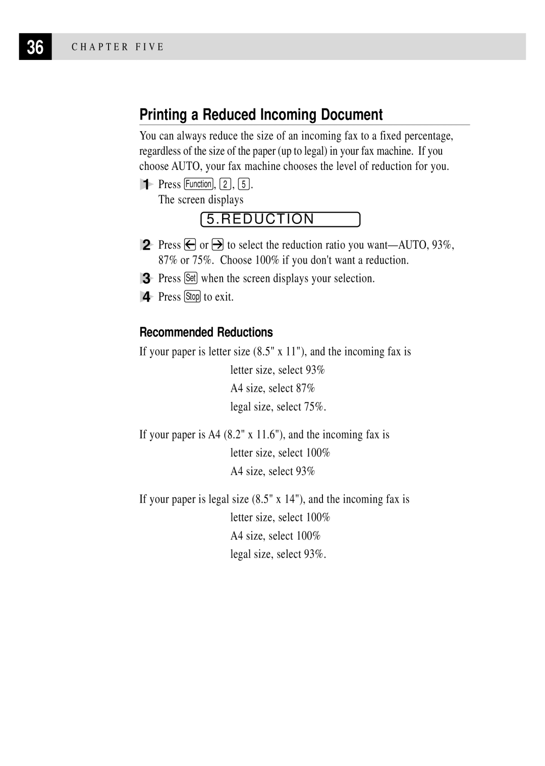 Brother FAX 2750, FAX 3750 manual Printing a Reduced Incoming Document, Recommended Reductions 