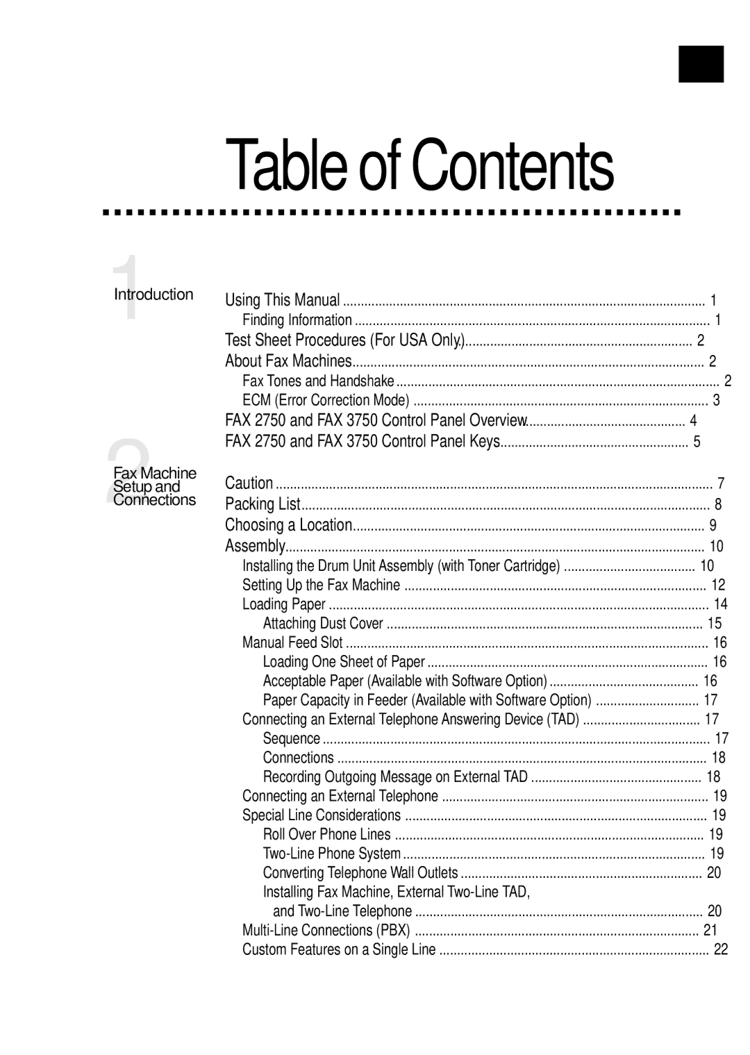 Brother FAX 3750, FAX 2750 manual Table of Contents 