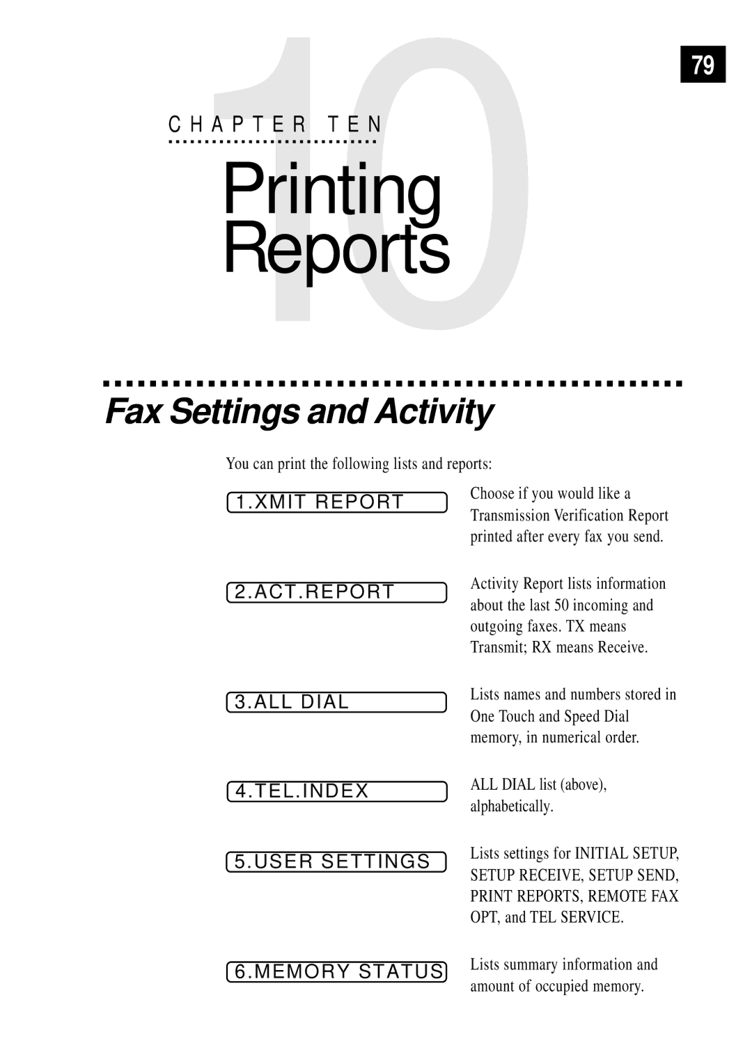 Brother FAX 3750 manual Fax Settings and Activity, Xmit Report ACT.REPORT, ALL Dial TEL.INDEX User Settings Memory Status 