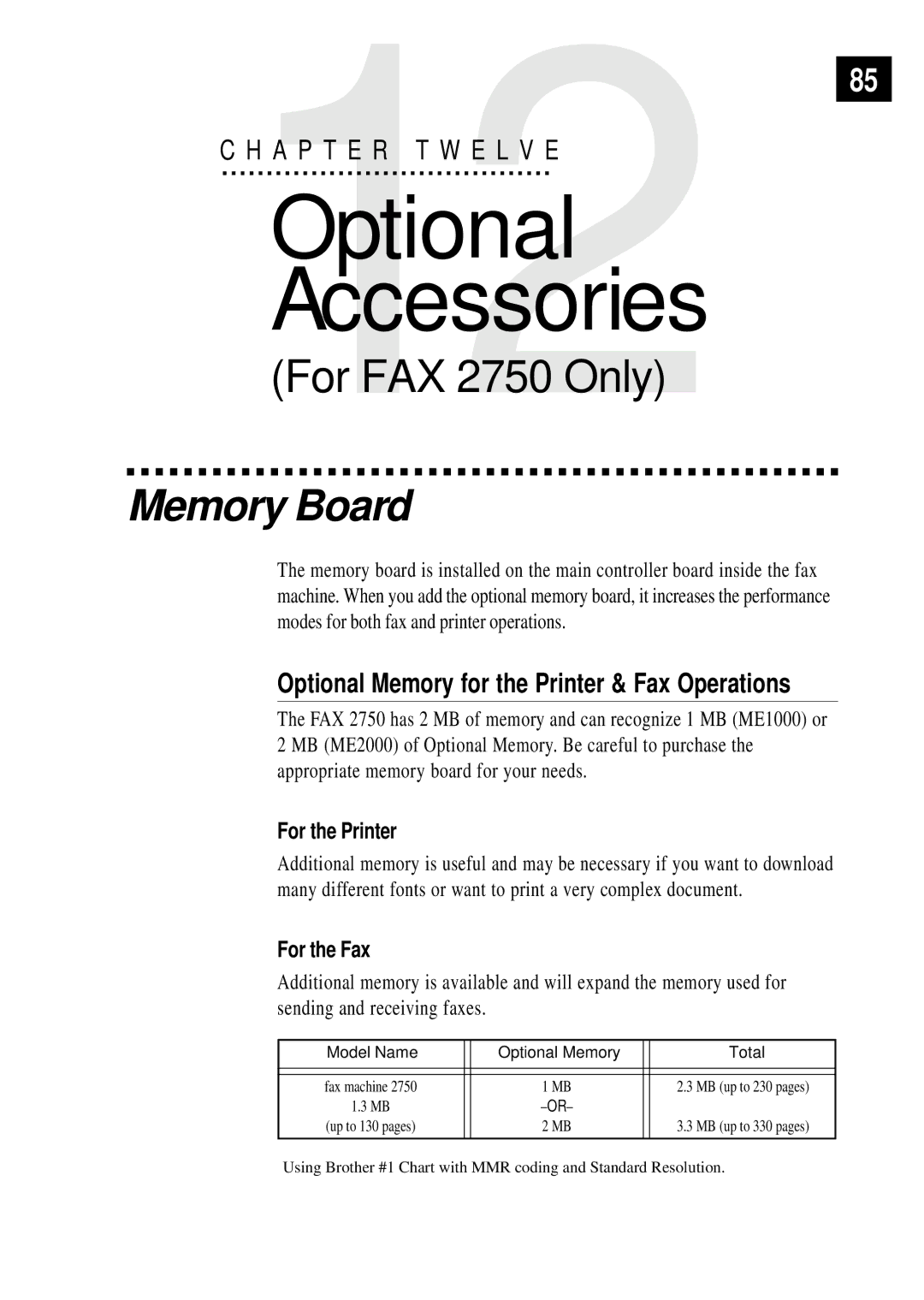 Brother FAX 3750, FAX 2750 Memory Board, Optional Memory for the Printer & Fax Operations, For the Printer, For the Fax 