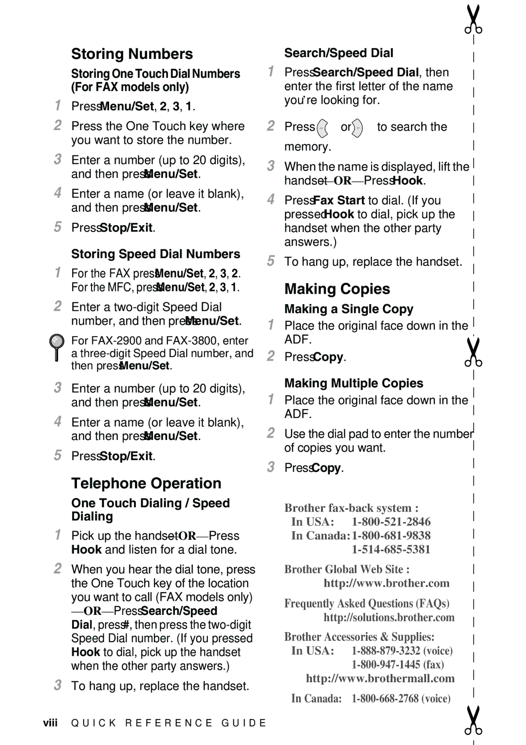 Brother FAX-2900, FAX-3800 owner manual Storing Numbers, Telephone Operation, Making Copies 