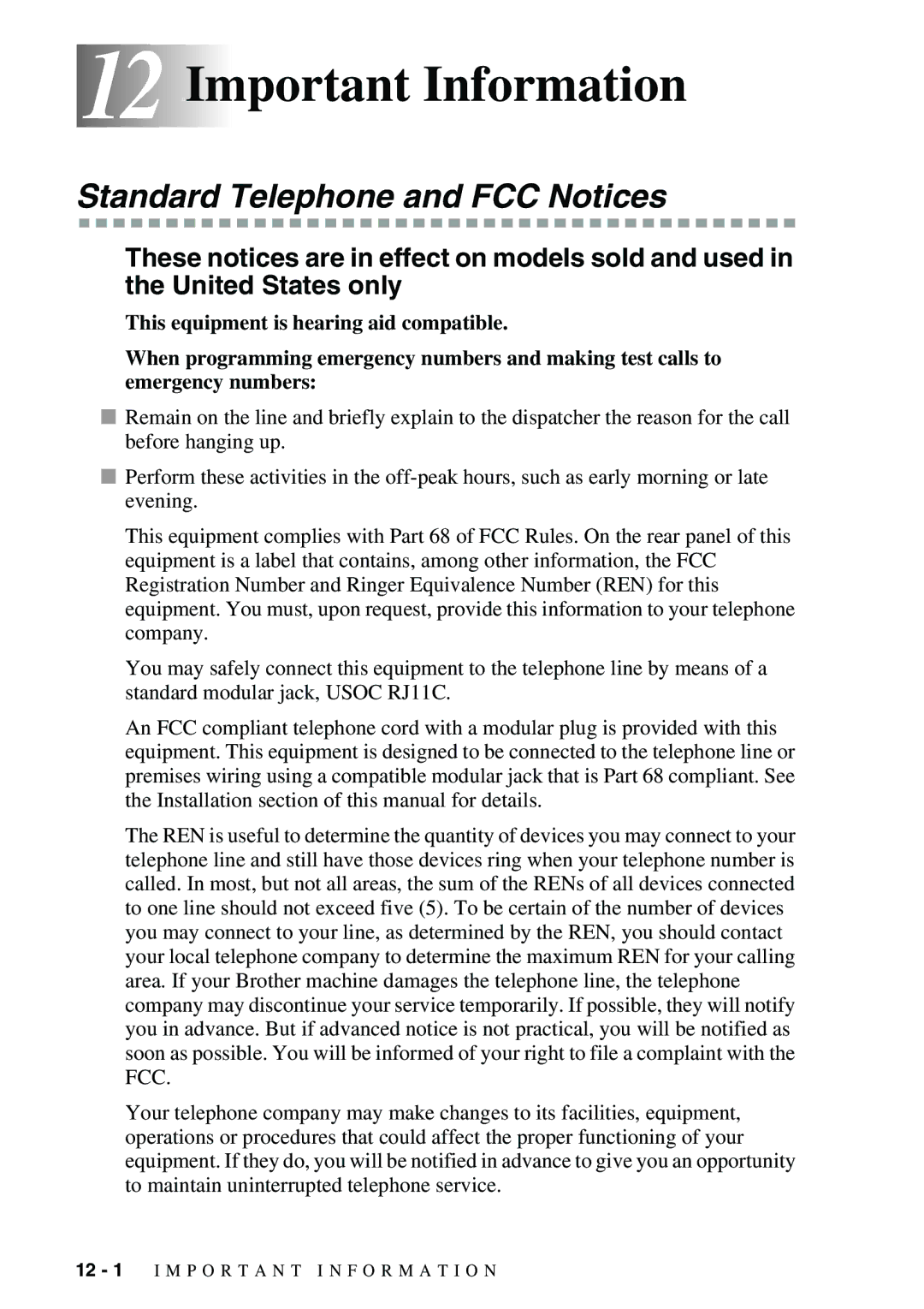 Brother FAX-2900, FAX-3800 owner manual 12 12Important Information, Standard Telephone and FCC Notices 