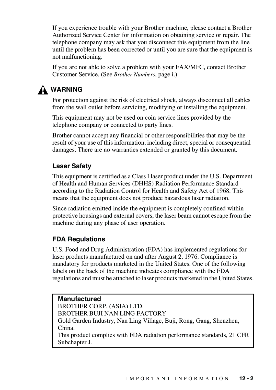 Brother FAX-3800, FAX-2900 owner manual Laser Safety, FDA Regulations, Manufactured 