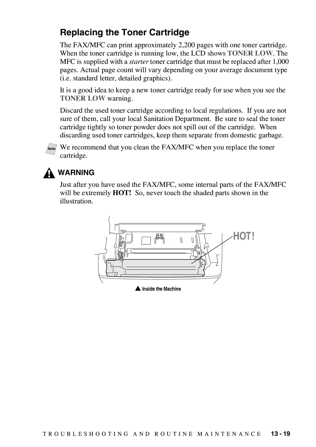 Brother FAX-3800, FAX-2900 owner manual Replacing the Toner Cartridge 