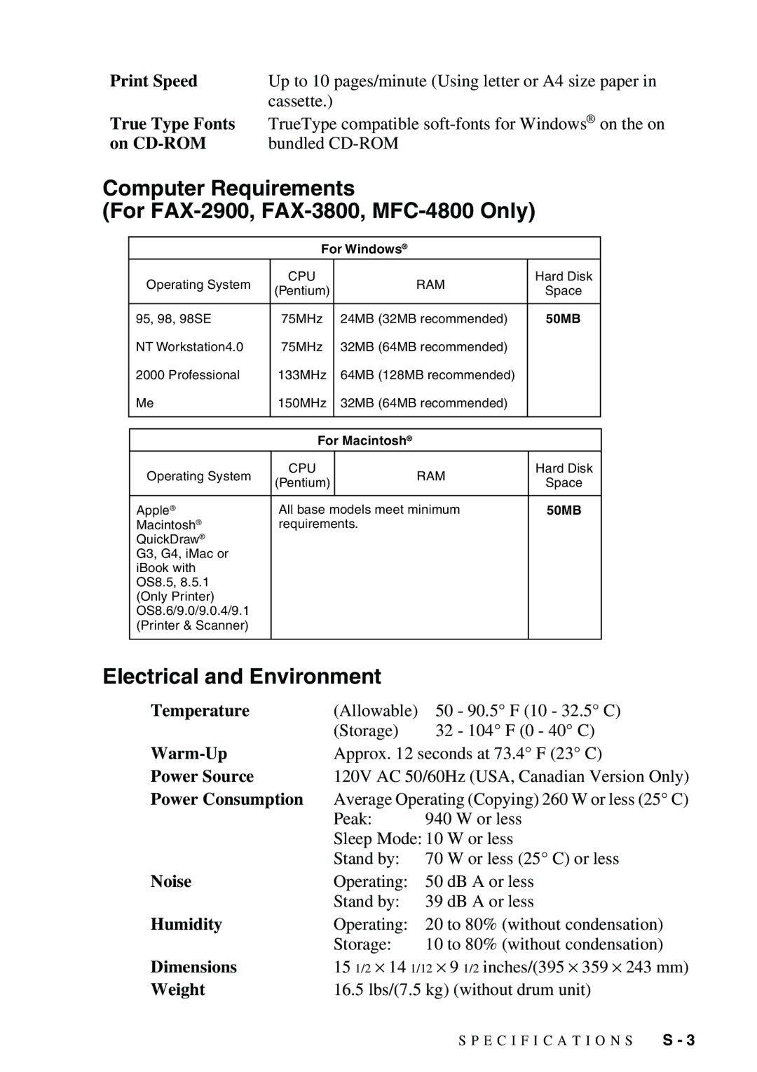 Brother owner manual Computer Requirements For FAX-2900, FAX-3800, MFC-4800 Only, Electrical and Environment 