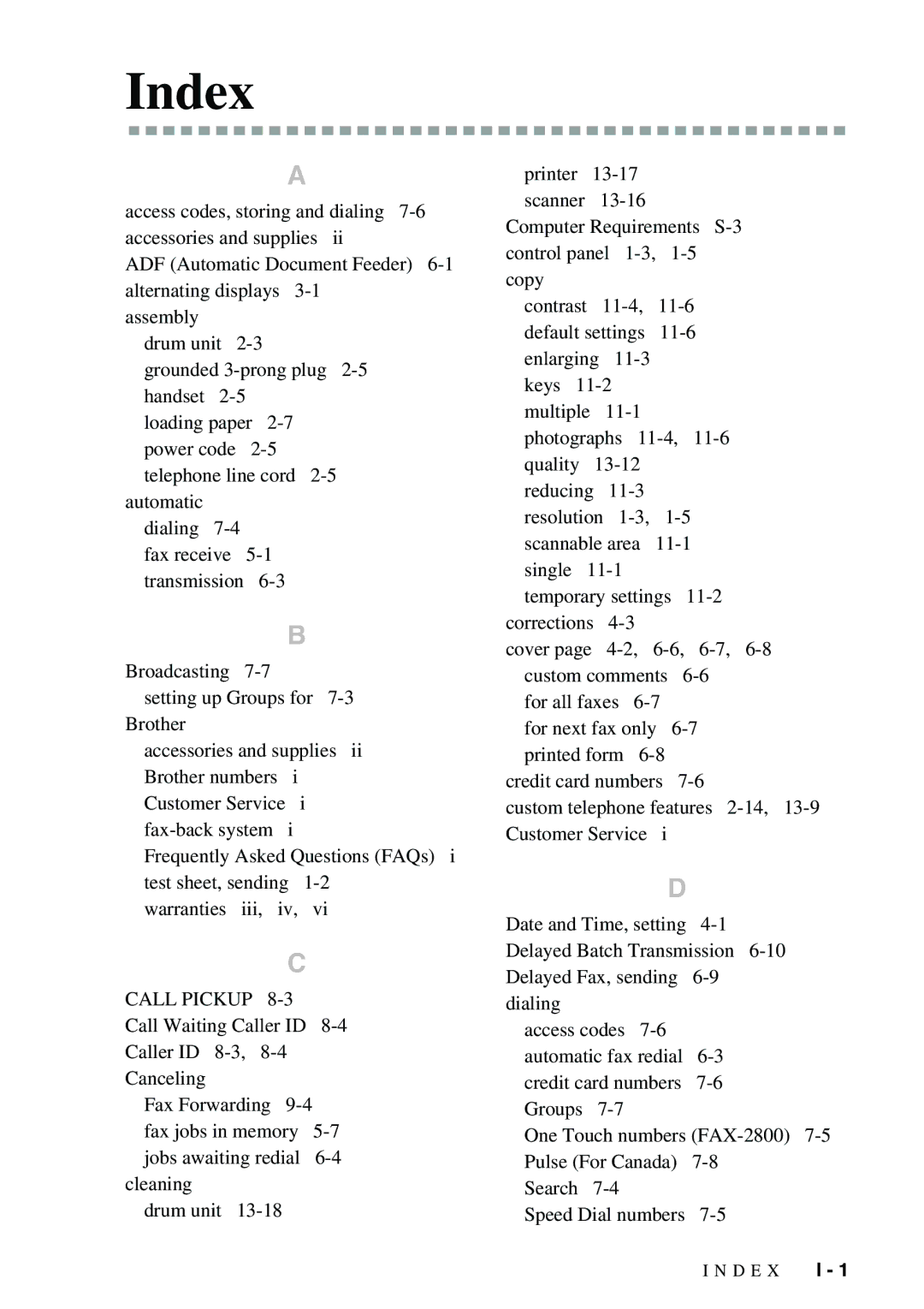 Brother FAX-3800, FAX-2900 owner manual Index 