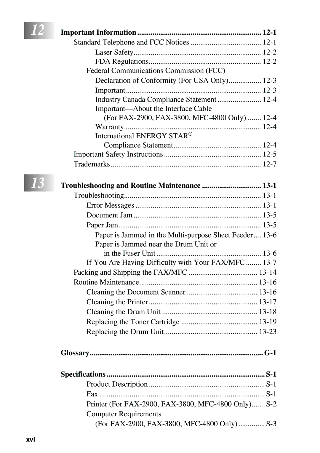 Brother FAX-2900 Important Information 12-1, Troubleshooting and Routine Maintenance 13-1, Glossary Specifications 