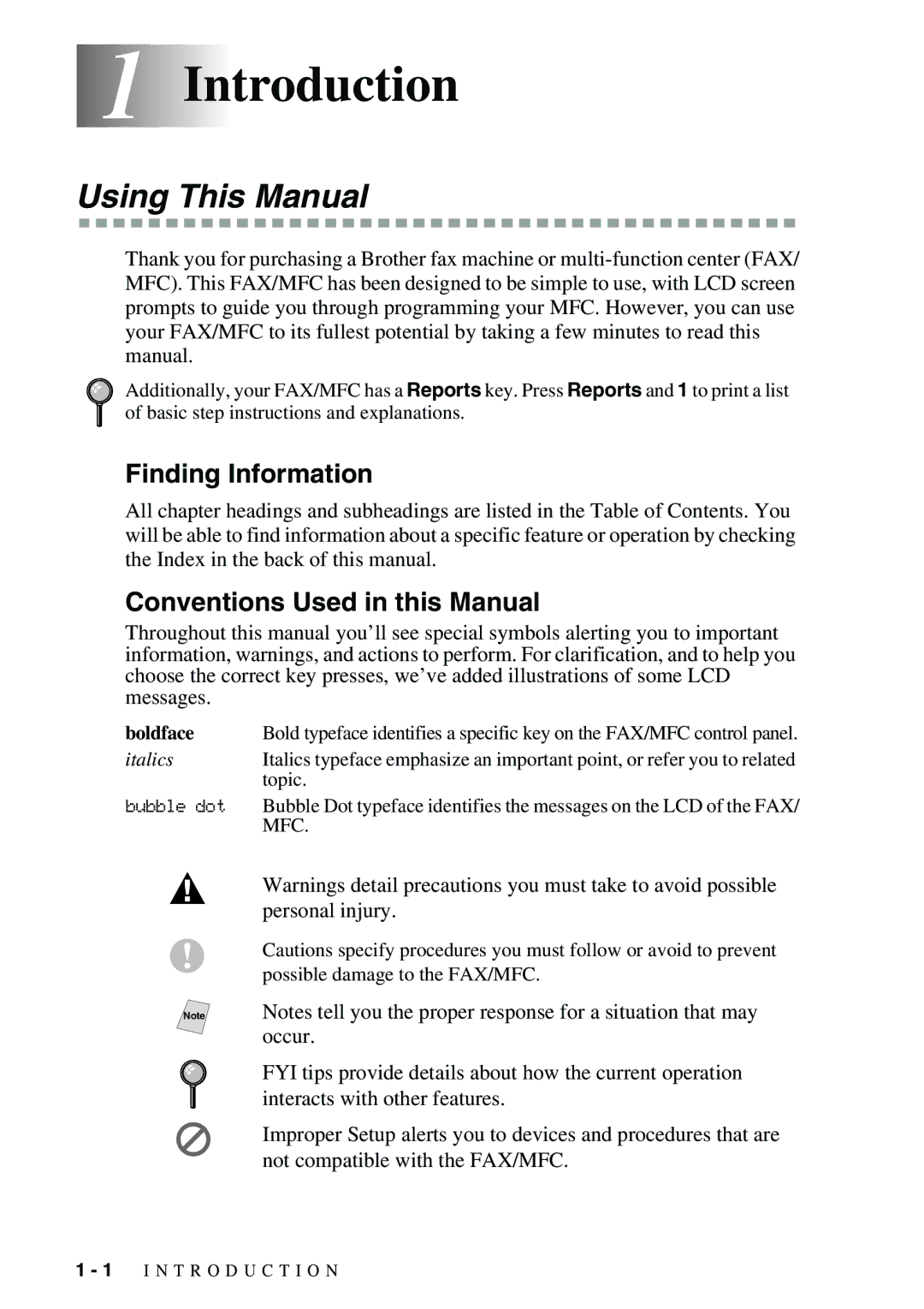 Brother FAX-2900, FAX-3800 1Introduction, Using This Manual, Finding Information, Conventions Used in this Manual 