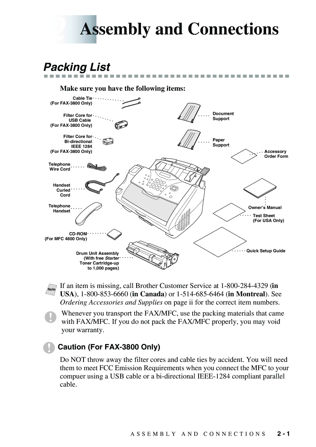 Brother FAX-3800, FAX-2900 owner manual 2Assembly and Connections, Packing List, Make sure you have the following items 