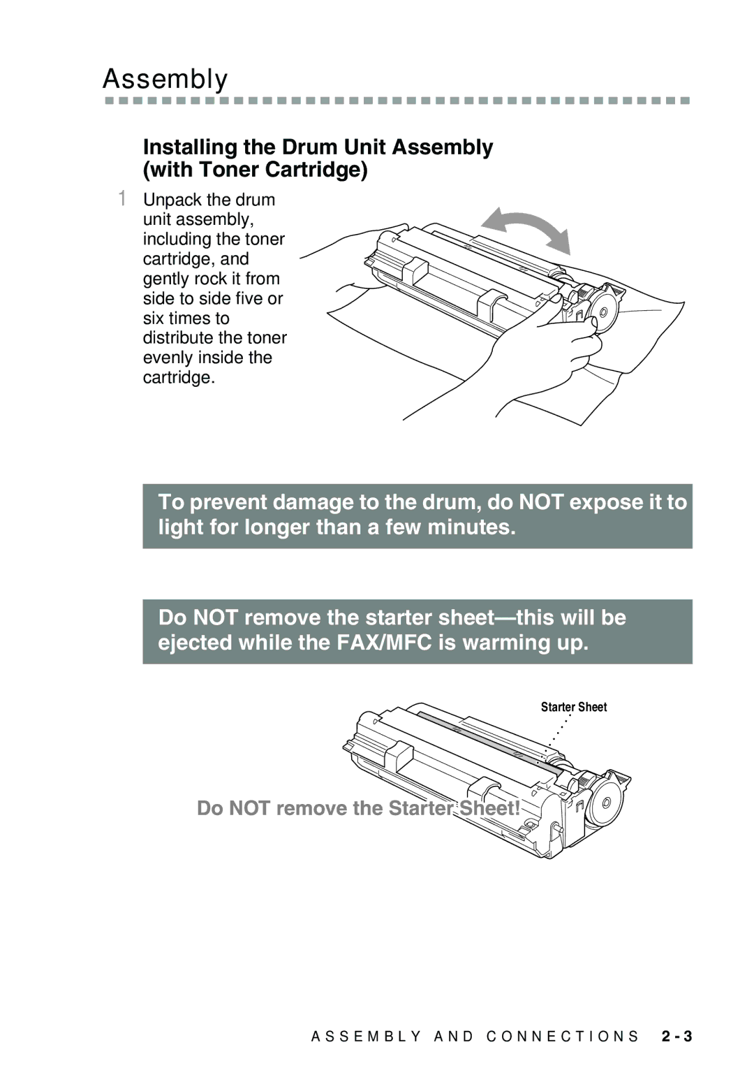 Brother FAX-3800, FAX-2900 owner manual Installing the Drum Unit Assembly With Toner Cartridge 