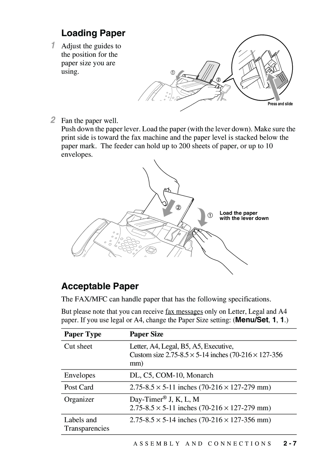 Brother FAX-3800, FAX-2900 owner manual Loading Paper, Acceptable Paper, Paper Type Paper Size 