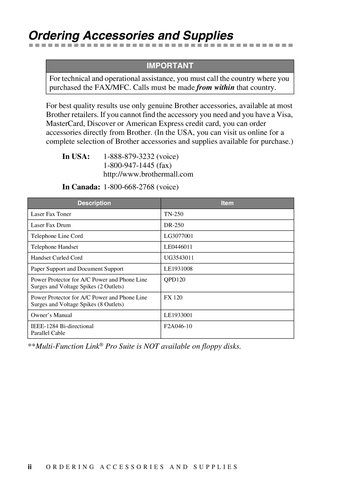 Brother FAX-2900, FAX-3800 owner manual Ordering Accessories and Supplies, Description 