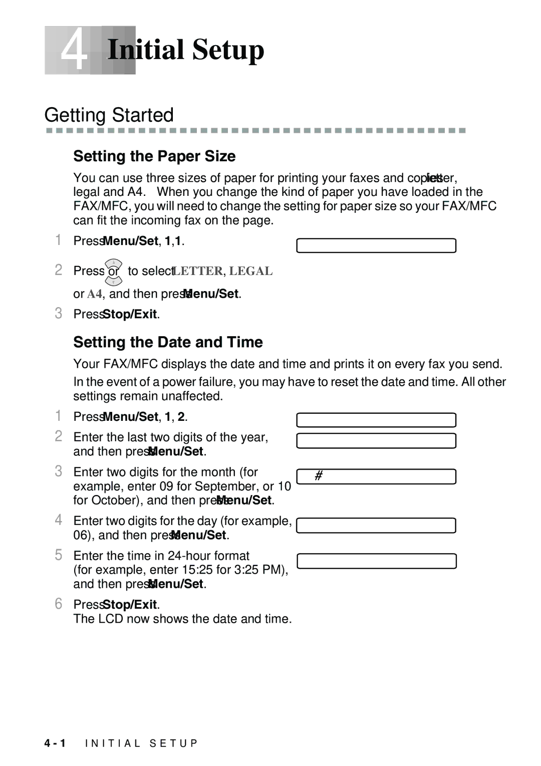 Brother FAX-2900, FAX-3800 owner manual 4Initial Setup, Getting Started, Setting the Paper Size, Setting the Date and Time 