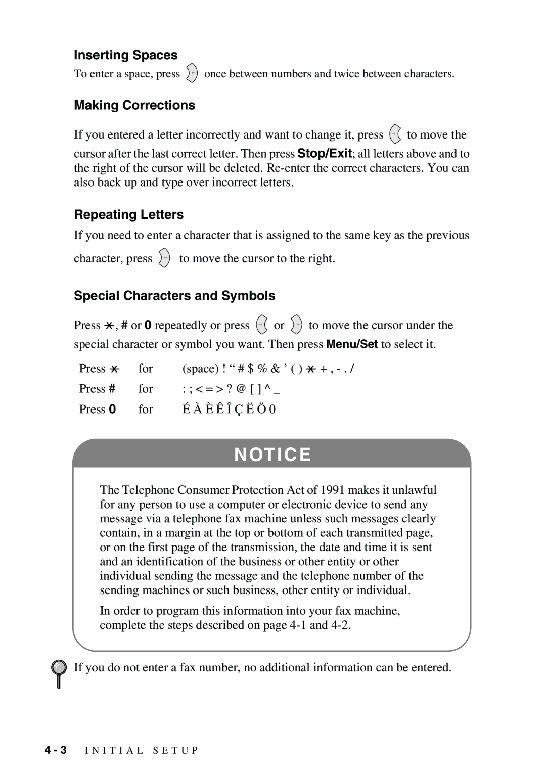 Brother FAX-2900, FAX-3800 Inserting Spaces, Making Corrections, Repeating Letters, Special Characters and Symbols 