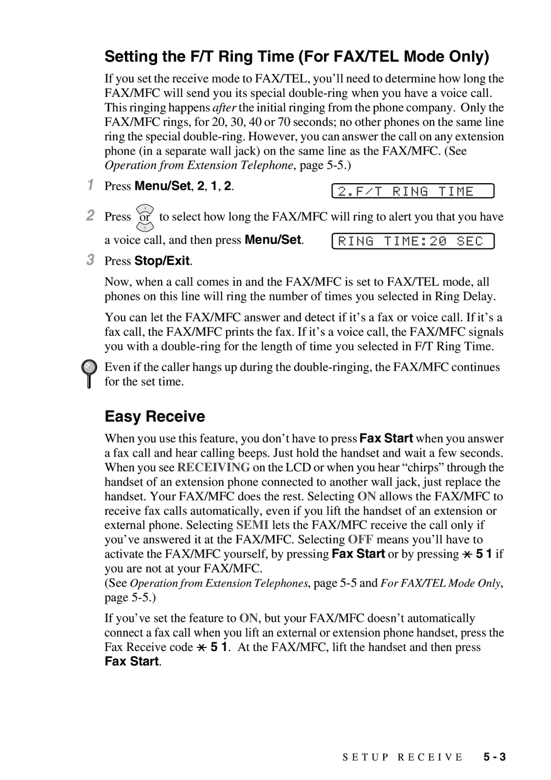 Brother FAX-3800, FAX-2900 owner manual Setting the F/T Ring Time For FAX/TEL Mode Only, Easy Receive, Ring TIME20 SEC 