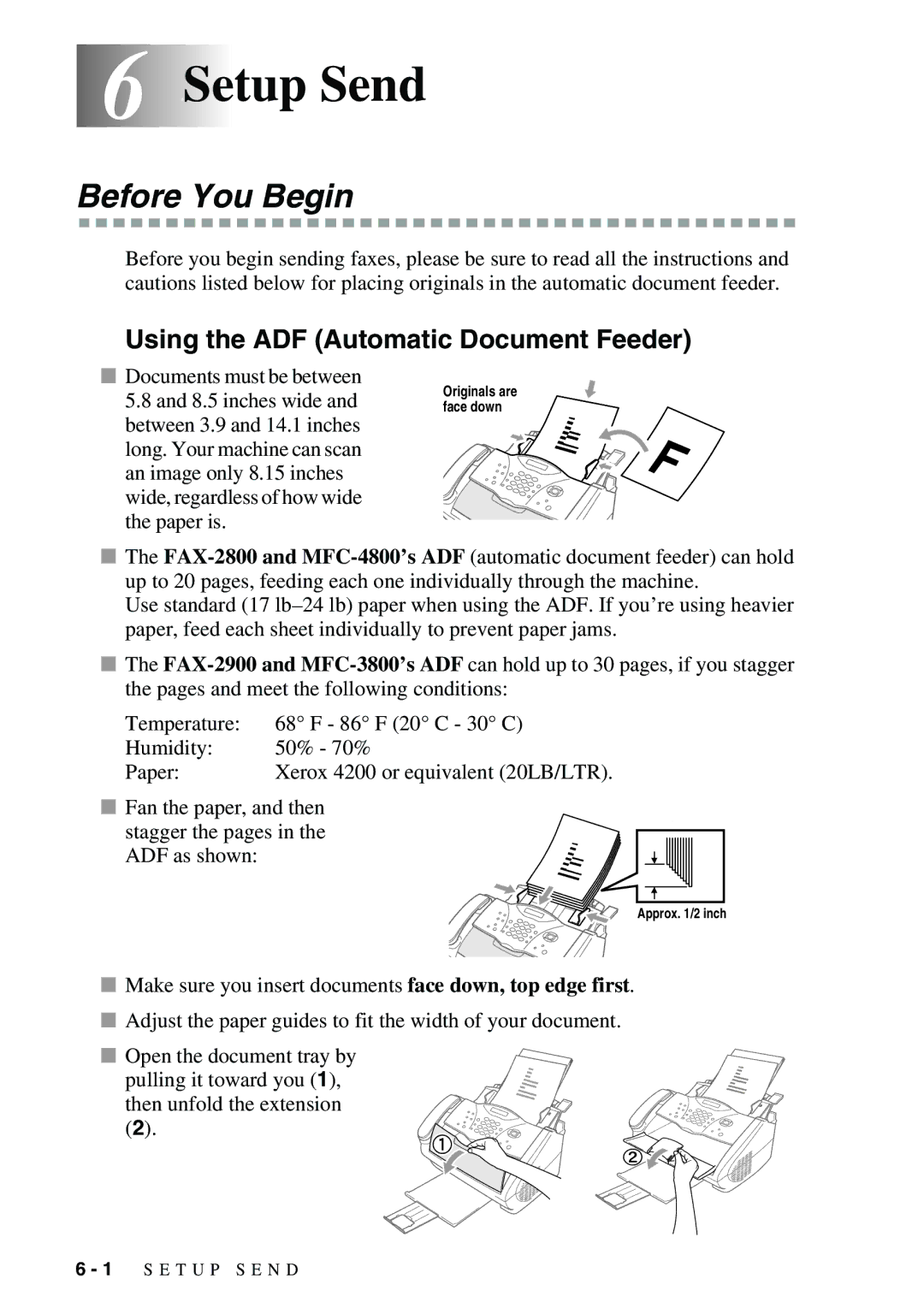 Brother FAX-2900, FAX-3800 owner manual 6Setup Send, Before You Begin, Using the ADF Automatic Document Feeder 