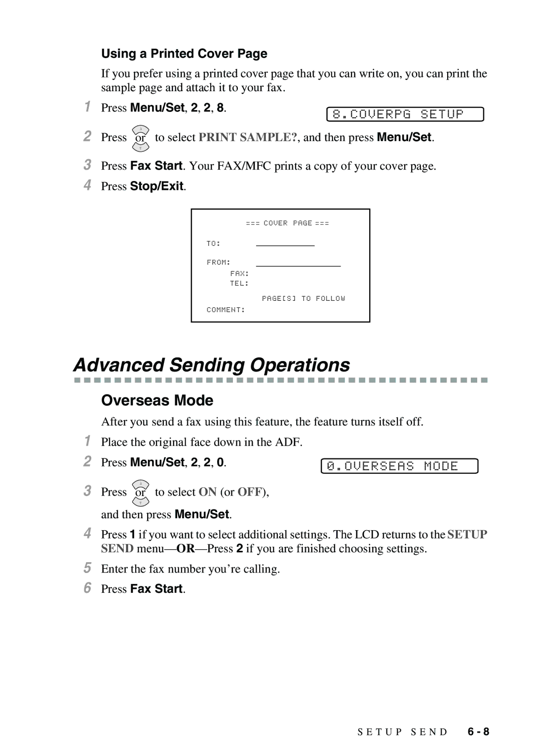 Brother FAX-3800, FAX-2900 owner manual Advanced Sending Operations, Overseas Mode, Using a Printed Cover 