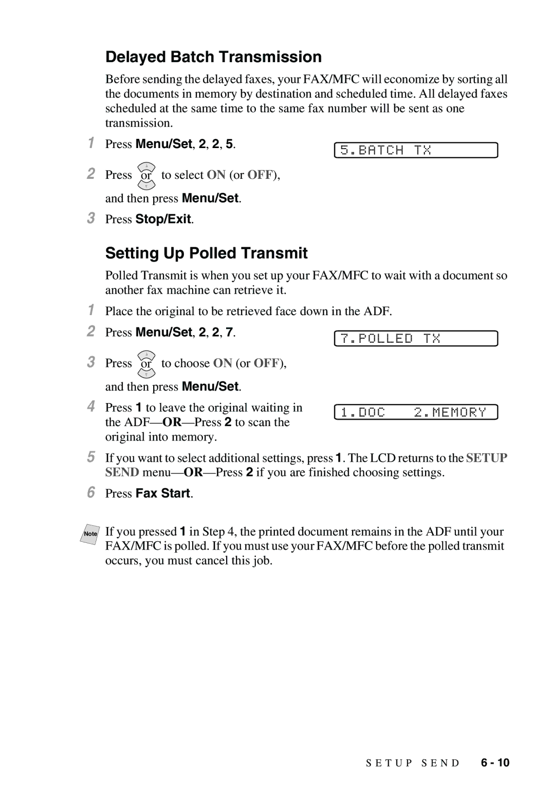 Brother FAX-3800, FAX-2900 Delayed Batch Transmission, Setting Up Polled Transmit, Batch TX, Polled TX, DOC Memory 