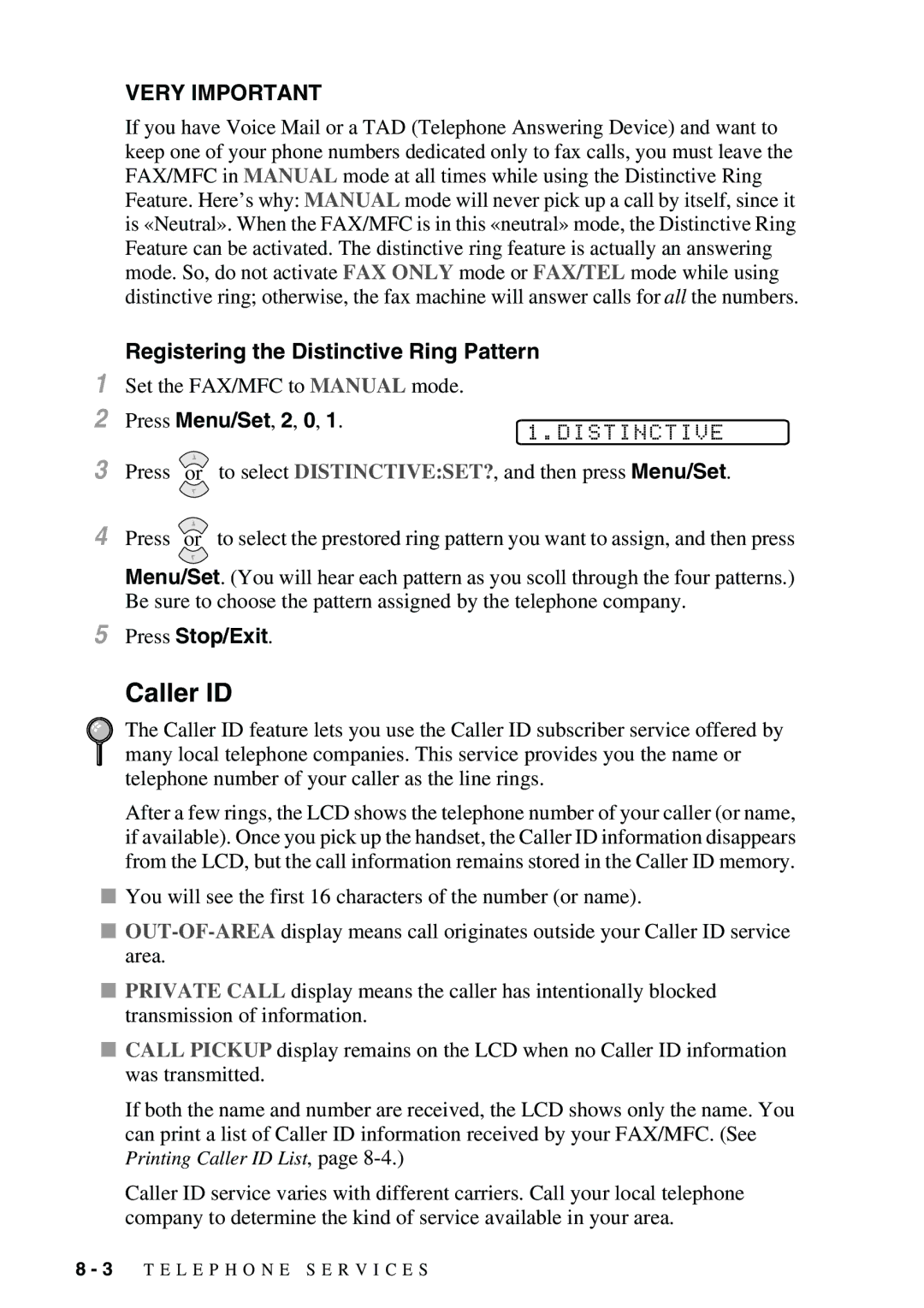 Brother FAX-2900, FAX-3800 owner manual Caller ID, Registering the Distinctive Ring Pattern 