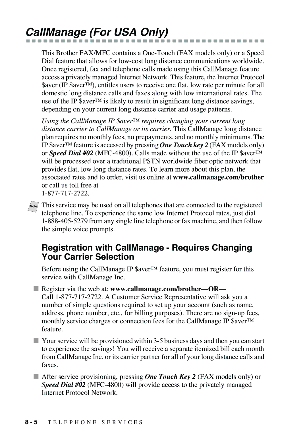 Brother FAX-2900, FAX-3800 owner manual CallManage For USA Only 