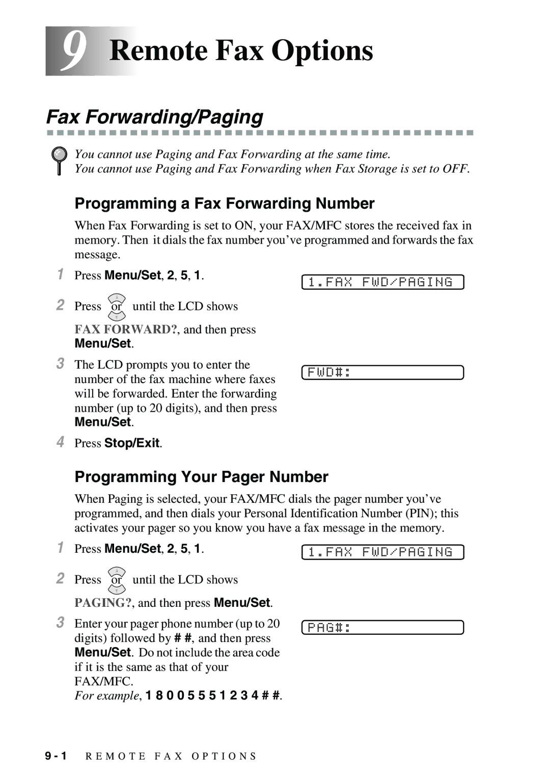 Brother FAX-2900, FAX-3800 owner manual 9Remote Fax Options, Fax Forwarding/Paging, Programming a Fax Forwarding Number 