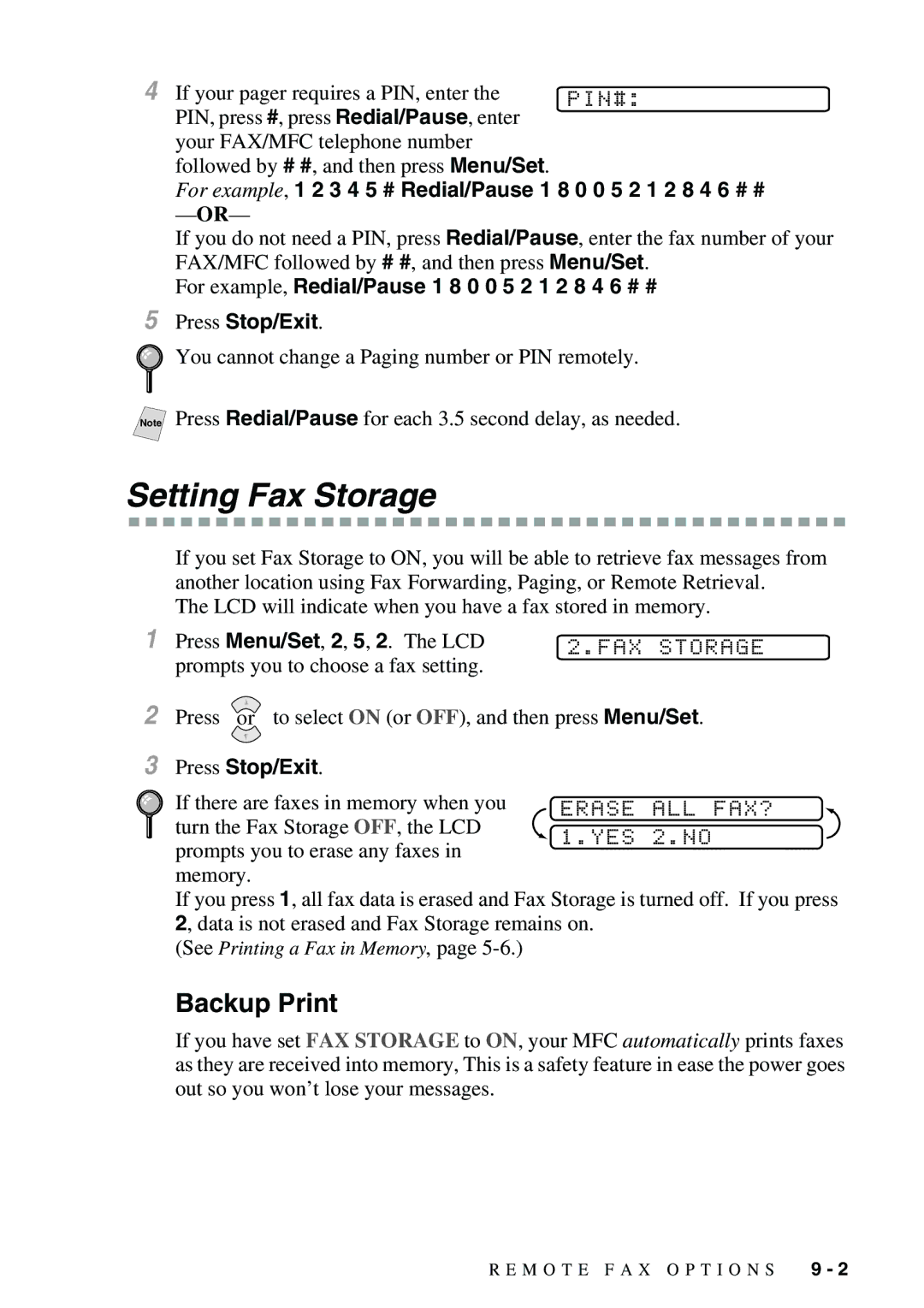 Brother FAX-3800, FAX-2900 owner manual Setting Fax Storage, Backup Print, Pin#, FAX Storage, Erase ALL FAX? 