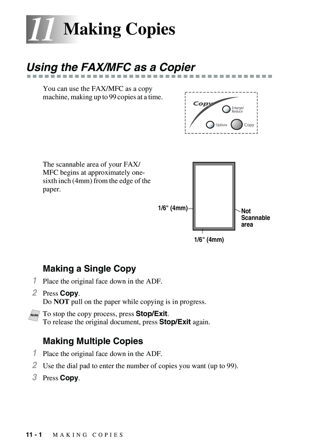 Brother FAX-2900, FAX-3800 11 11Making Copies, Using the FAX/MFC as a Copier, Making a Single Copy, Making Multiple Copies 