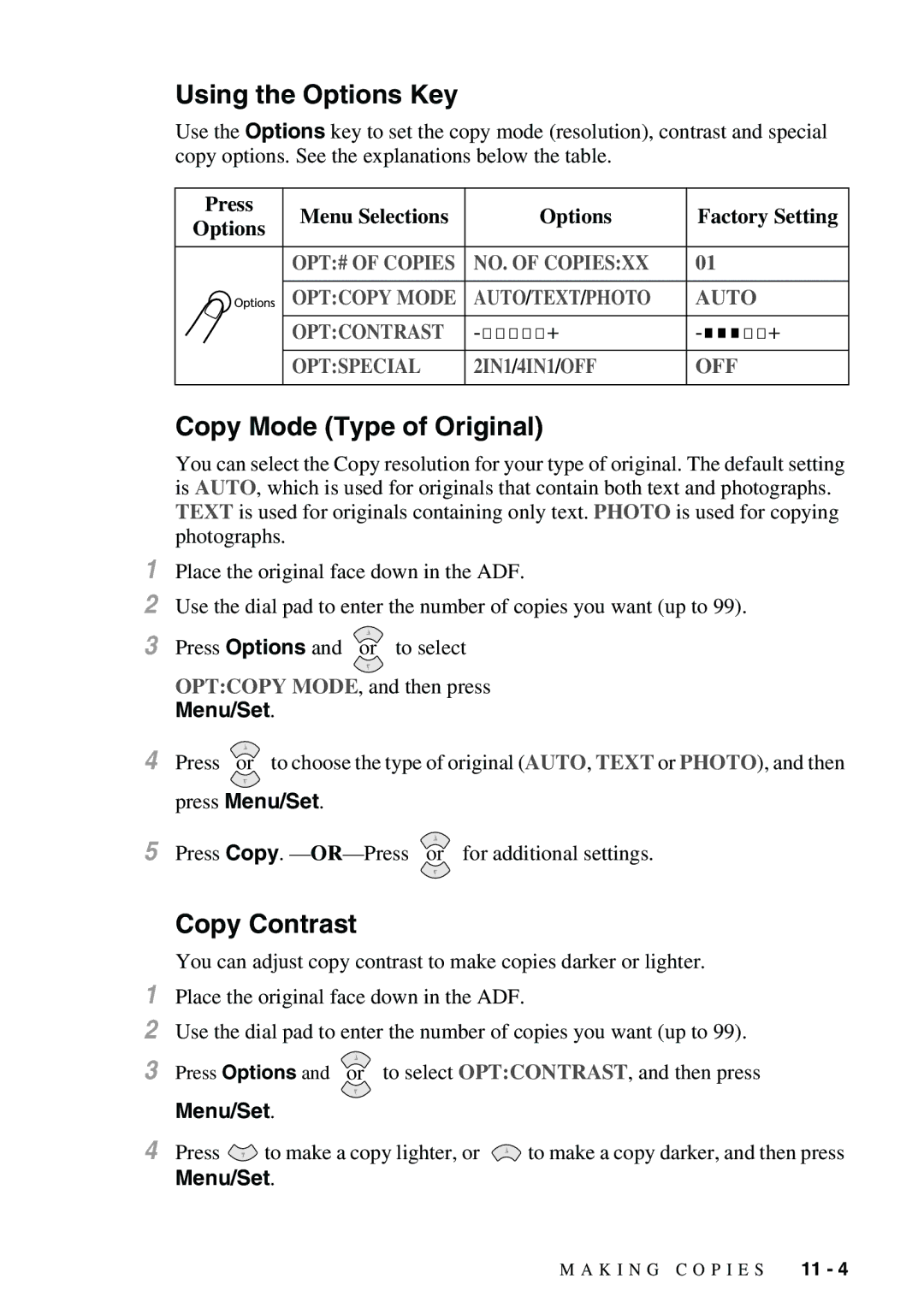 Brother FAX-3800, FAX-2900 owner manual Using the Options Key, Copy Mode Type of Original, Copy Contrast 