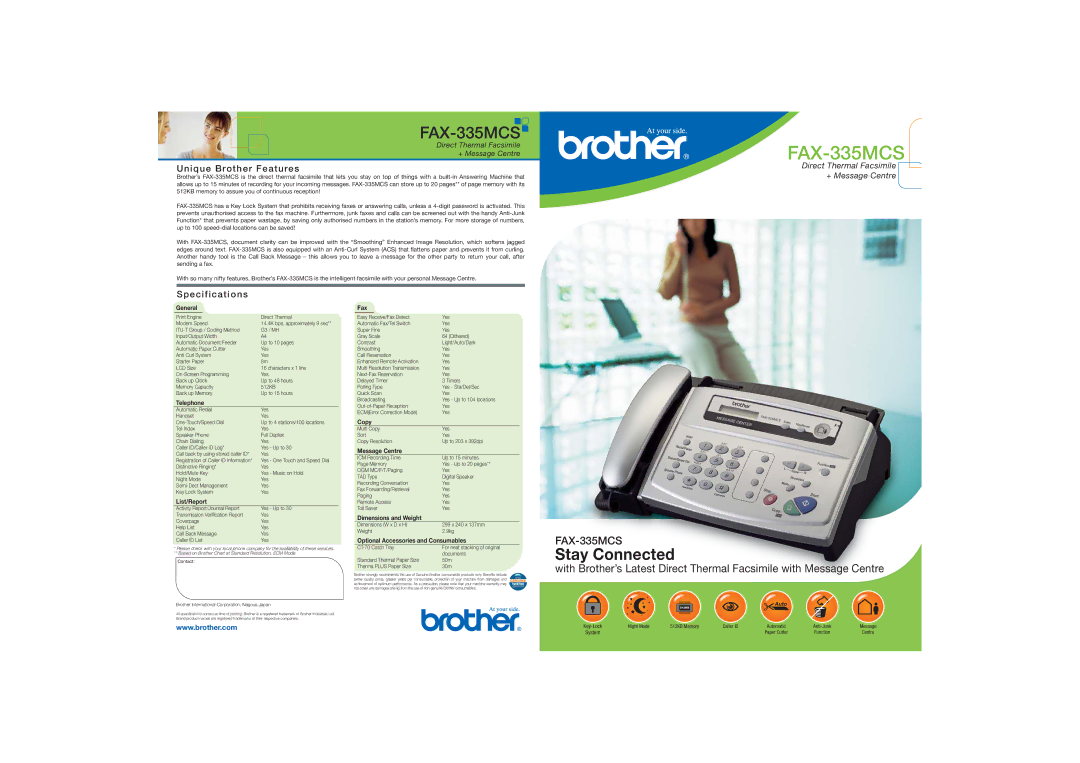 Brother FAX-335MCS specifications Unique Brother Features, Specifications 