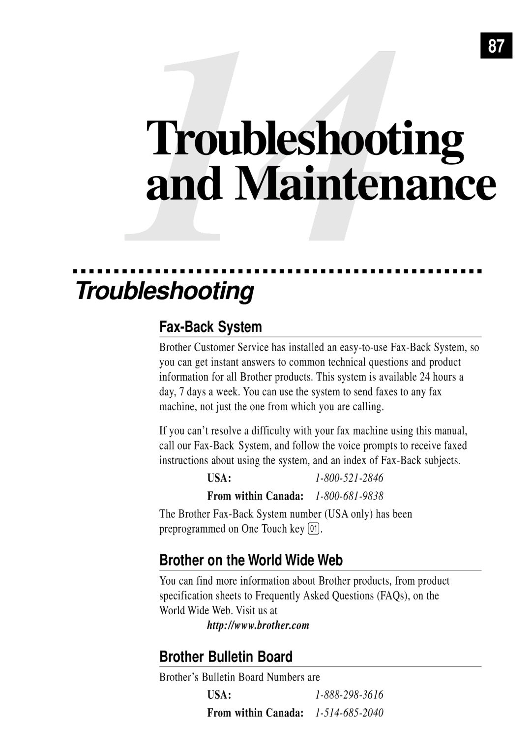 Brother FAX 355MC, FAX 375MC owner manual Troubleshooting, Fax-Back System 