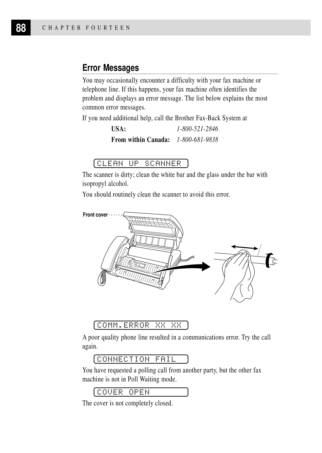 Brother FAX 375MC, FAX 355MC owner manual Error Messages, Clean UP Scanner, Comm.Error Xx, Connection Fail, Cover Open 