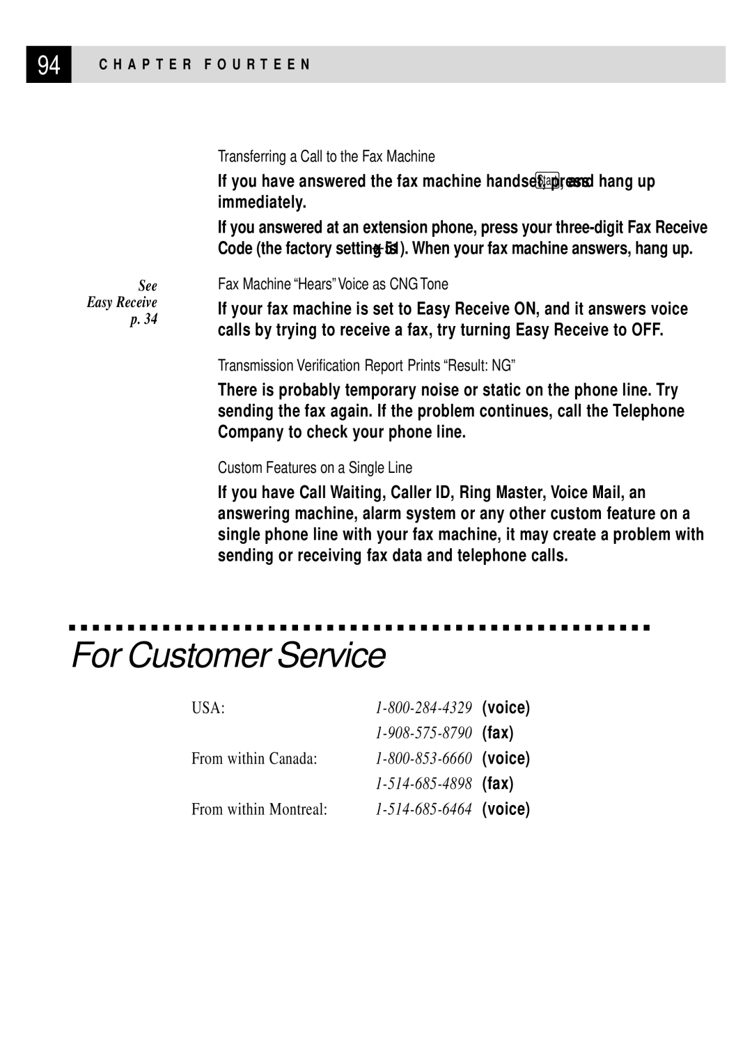 Brother FAX 375MC, FAX 355MC owner manual For Customer Service, Fax Machine Hears Voice as CNG Tone 