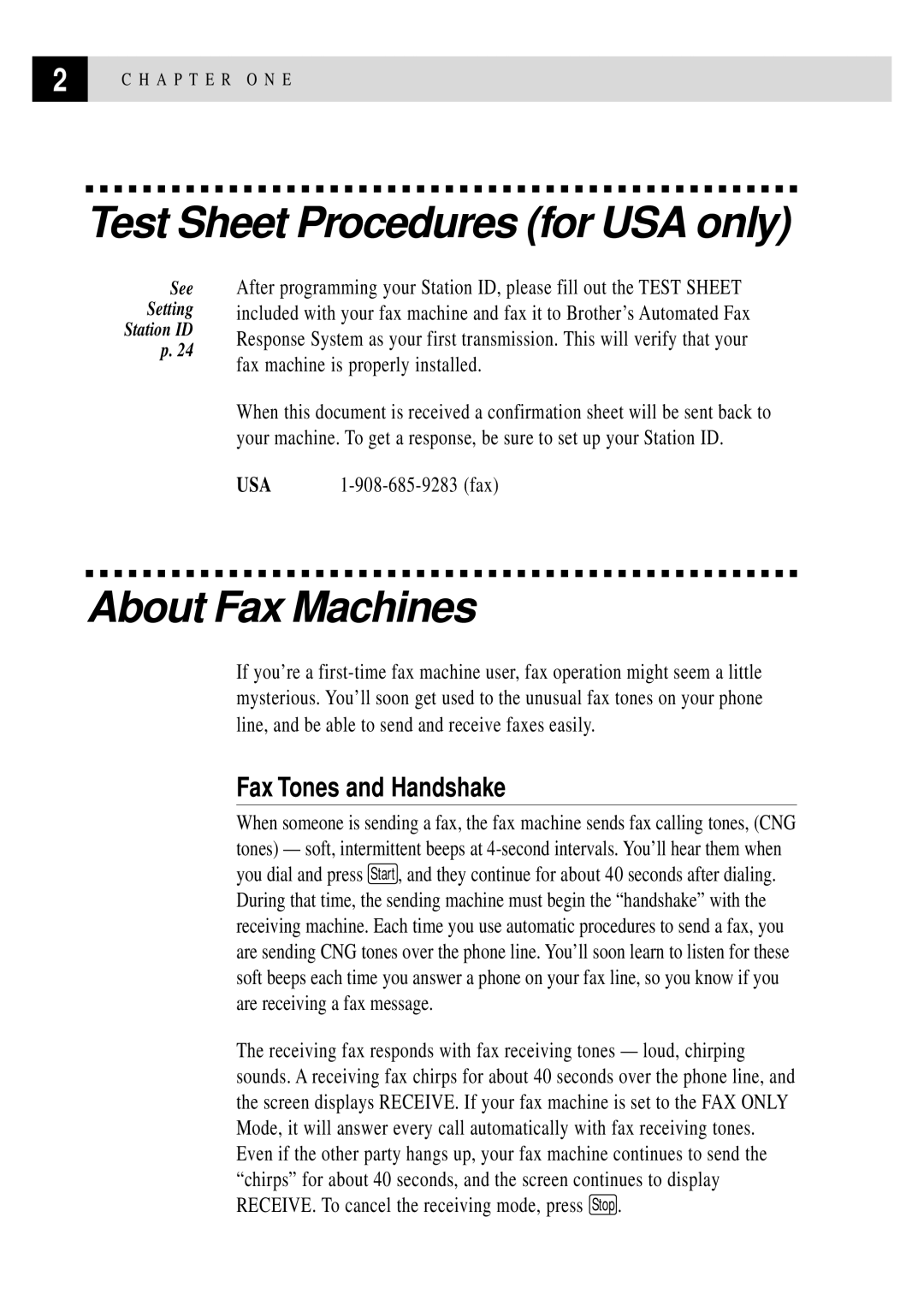 Brother FAX 375MC, FAX 355MC owner manual Test Sheet Procedures for USA only, About Fax Machines, Fax Tones and Handshake 