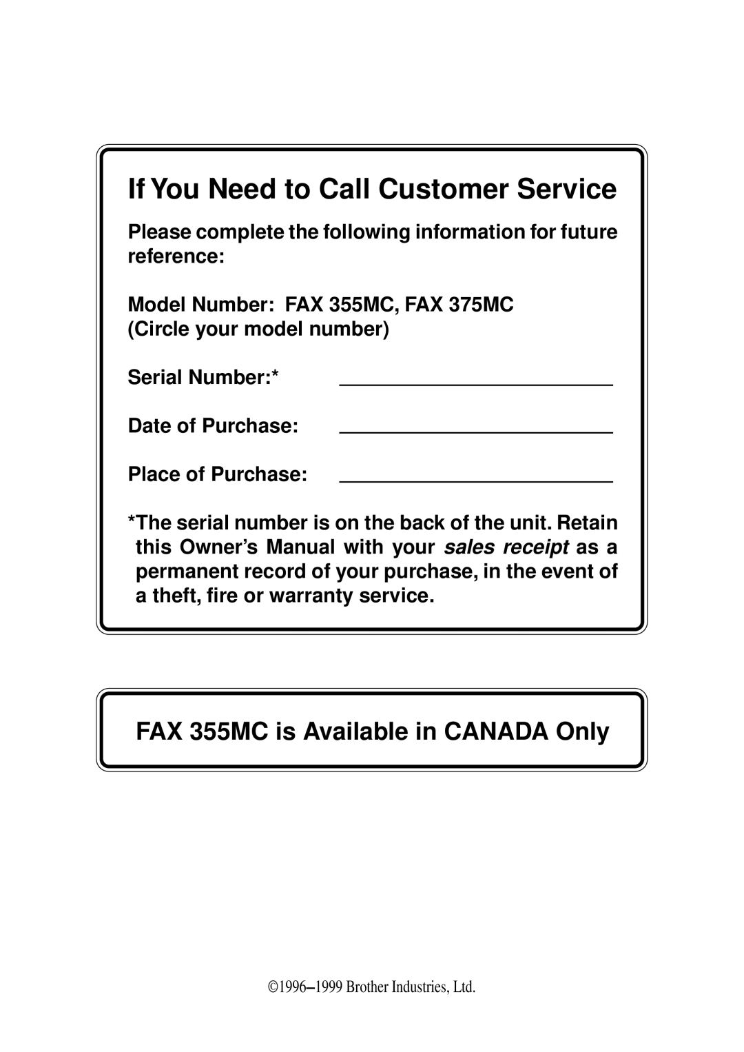 Brother FAX 375MC, FAX 355MC owner manual If You Need to Call Customer Service 