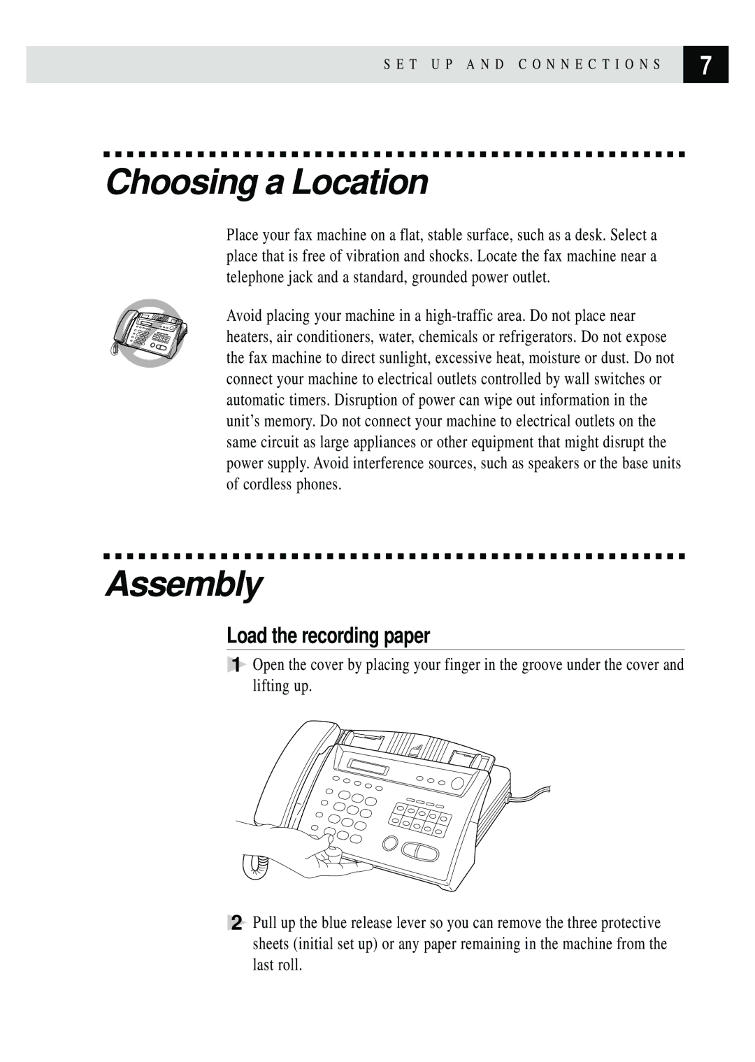 Brother FAX 355MC, FAX 375MC owner manual Choosing a Location, Assembly, Load the recording paper 